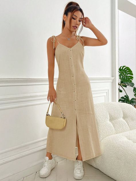 Damasco Casual Collar Sem Mangas Linho Simples Suspensório Embellished Não elástico Plain Dress Outfit, Beige Dress Outfit, Estilo Casual Chic, Look Boho Chic, Black Linen Dress, Plain Dress, Look Boho, Shein Dress, Casual Dress Outfits