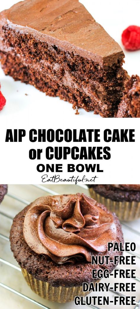 Made with carob, this AIP "Chocolate" Cake or Cupcakes makes an easy and special dessert for any occasion! You'll love the easy-to-grab AIP baking ingredients in this recipe, nothing fancy or complicated. It's a one-bowl recipe to keep life and special treats uncomplicated. | Eat Beautiful Recipes | aip | aip chocolate cake | recipe | paleo chocolate cake | egg free chocolate cake | paleo egg free | paleo nut free | carob | autoimmune protocol || #aip #chocolate #cake #carob #paleo #eggfree #nut Aip Chocolate Desserts, Autoimmune Dessert Recipes, Aip Chocolate Cake, Autoimmune Protocol Diet Dessert, Aip Desserts Easy Autoimmune Paleo, Aip Birthday Cake Recipes, Whole 30 Dessert Recipes Whole30 Sweet Treats, Aip Mug Cake, Easy Aip Desserts