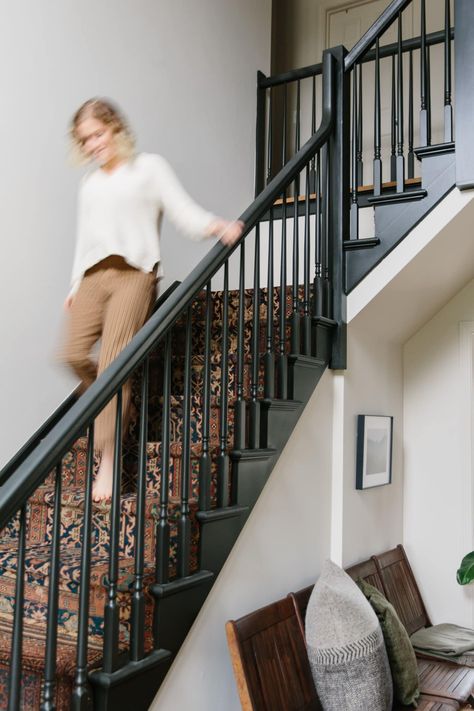 Black Stair Railing, Black Staircase, Black Stairs, Painted Staircases, Moore House, Staircase Makeover, Painted Stairs, Staircase Railings, Floor Remodel