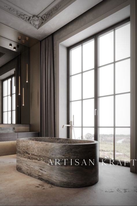 Stone Marble Bathtub Travertine in a modern bathroom with stone sinks Natural Stone Bathtub, Bathroom Design Colorful, Modern Tubs, Stone Bath Tubs, Tub Bathroom Ideas, Modern Bathtubs, Vibrant Bathroom, Remodeled Bathrooms, Concrete Bathtub