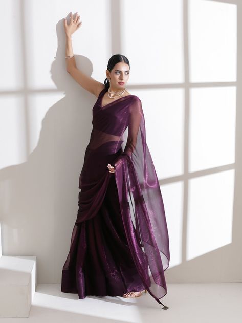 New Kaleendi Designer Wine shimmer dual shade Organza Saree with Wine Color Blouse for Partywear Saree for Women's Fashion Bring out the best in you when with this Wine shimmer dual shade Organza Saree with Wine Color Blouse party wear Saree. Beautified with amazing Blouse work Saree within the attire adds a sign of elegance statement with your pretty look. Women can buy this Saree to wear for their family functions or, where you want to be on focus point. Team it with stylish jewelry and footwe Wine Color Blouse, Shimmer Saree, Blouse Party Wear, Partywear Saree, Color Blouse, Half Saree Designs, Saree Designs Party Wear, Saree Design, Party Wear Saree