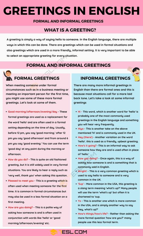 Greetings: Formal And Informal Greetings In English - 7 E S L Greeting People In English, Formal Greetings In English, Greeting English Lesson, Formal Conversation In English, Greetings Words, Greetings English, Greetings In English, English Greetings, Ielts General