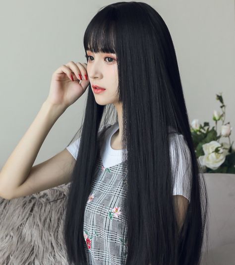 Balayage, Japanese Hairstyle, Black Hair Japanese, Black Hair Bangs, Long Straight Black Hair, Black Hair Wigs, Long Straight Wig, Straight Black Hair, Haircuts Straight Hair