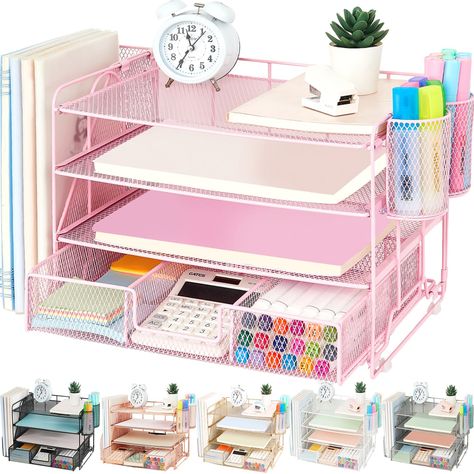 PRICES MAY VARY. ✪ MULTI-FUNCTIONAL STORAGE:This cute desk organizer adopts a combination of horizontal and vertical storage design,offering more space to store various office accessories such as letter paper,pens,folders,magazines,etc.,making your desktop tidy and comfortable. ✪ LARGE CAPACITY STORAGE:This desk organizer has 4 trays,1 File Holder,2 pen holders and 1 sliding drawer,which can help you easily manage various office supplies,quickly identify and place items,and improve work efficien Organisation, Desk Paper Organizer, Cute Desk Organization, Pink Office Supplies, Folder Holder, Paper Organizer, Workspace Desk, Desk Organizer Set, Pink Desk