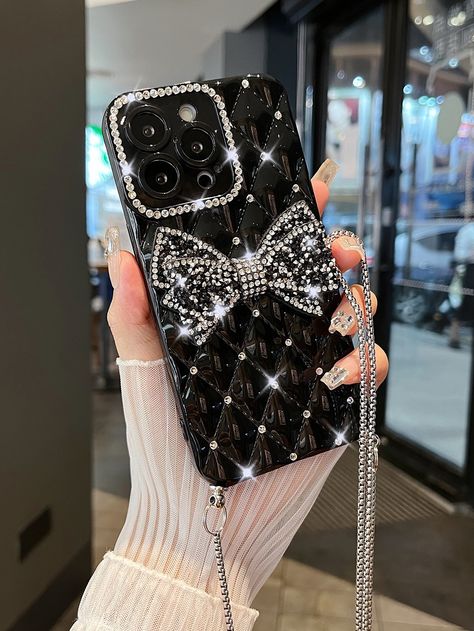 Black  Collar  TPU Graphic Bling Phone Cases Embellished   Cell Phones & Accessories Rich Phone Case, Expensive Phone Cases, Fancy Phone Cases, Cute Girly Phone Cases, Baddie Iphone Cases, Baddie Phone Cases, Bling Phone Cases Rhinestones, Black Phone Cover, Beautiful Phone Covers