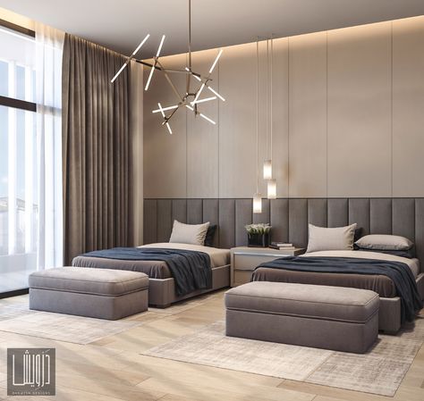 Twin Bedroom on Behance Twin Bedroom Decor, Twin Beds Guest Room, Apartemen Studio, Modern Luxury Bedroom, Kids Interior Room, Casa Country, Modern Bedroom Interior, Hotel Room Design, Bilik Tidur