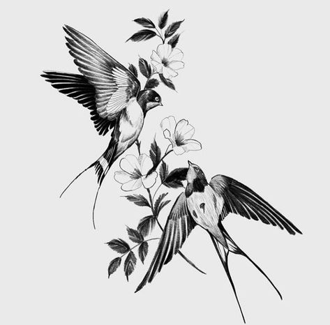 Bird And Flower Tattoo, Bird Tattoo Sleeves, Swallow Bird Tattoos, Swallow Tattoo Design, Vogel Tattoo, Sparrow Tattoo, Geniale Tattoos, Tattoo Style Drawings, Spine Tattoos