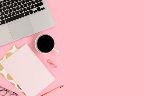 Workspace with coffee, office supply and laptop on a pink background. Homeschooling, e-learning, distance work concept with copy space. Pink Workspace, Coffee Office, Pink Bg, Pc Background, Work Plans, Background Pink, Rustic Invitations, E Learning, Photo Backgrounds