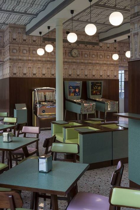 Wes Anderson Designed a Café That Looks Like Something Straight Out of His Movies -- Grub Street Wes Anderson Design, Milan Bar, Bar Luce, Eclectic Cafe, Restaurant Vintage, Fondazione Prada, Formica Table, Galleria Vittorio Emanuele Ii, Industrial District