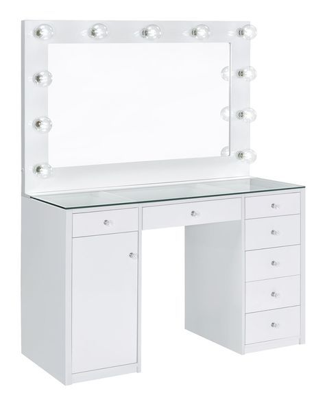 PRICES MAY VARY. 46.5 inches wide x 18.5 inches deep x 61.5 inches high The epitome of Hollywood glam, this vanity will be the perfect upgrade for any home Modern white finish matched fantastically with crystal knobs Features seven drawers with full extension glides and a storage cabinet with an adjustable shelf Mirrored Lights, Glass Top Vanity, Vanity Desk With Lights, Bedroom Vanities, Room Wishlist, Glam Office, Desk Vanity, Closet Vanity, Purple Room