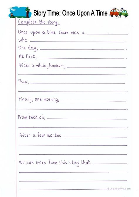 Read and Complete - Once Upon a Time (story writing) - English ESL Worksheets Creative Writing For Kids, Creative Writing Worksheets, English Creative Writing, Creative Writing Exercises, Composition Writing, Creative Worksheets, Third Grade Writing, 3rd Grade Writing, Writing Practice Worksheets