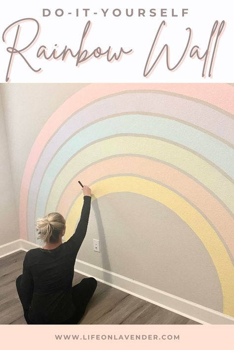Rainbow Wall Paint Girl Rooms, Playroom Ideas Rainbow, Rainbow Playroom Wall, Hand Painted Rainbow On Wall, Girls Room Wall Ideas, Diy Rainbow Paint Wall, Pastel Rainbow Wall Paint, Paint A Rainbow On A Wall, Rainbow Room Kids Girl Bedrooms Ideas