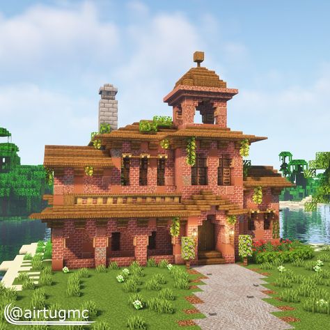 Minecraft Brick Mansion, Minecraft Jungle House, Minecraft Brick, Drawing Creative Ideas, Minecraft Building Ideas, Minecraft Structures, Bangunan Minecraft, Minecraft House Plans, Minecraft Farm