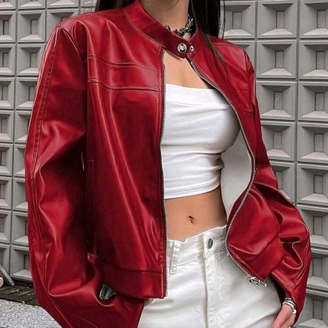 Red Zip-Up Pu Leather Jacket Coating: 100% Polyurethane Material: Pu Leather Composition: 100% Polyurethane Leather Sleeve Jacket, Lizzie Hearts, Winter Puffer Jackets, Shein Icon, Pu Leather Jacket, Leather Jacket Outfits, Sweater Vest Women, Plaid Blazer, Corduroy Jacket