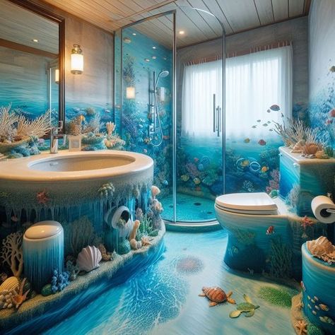 Ocean Theme Bathroom, Fantasy Bathroom, Unicorn Bathroom, Maritime Style, Bathroom Projects, Shower Columns, Shark Themed, Bathroom Themes, Style Bathroom