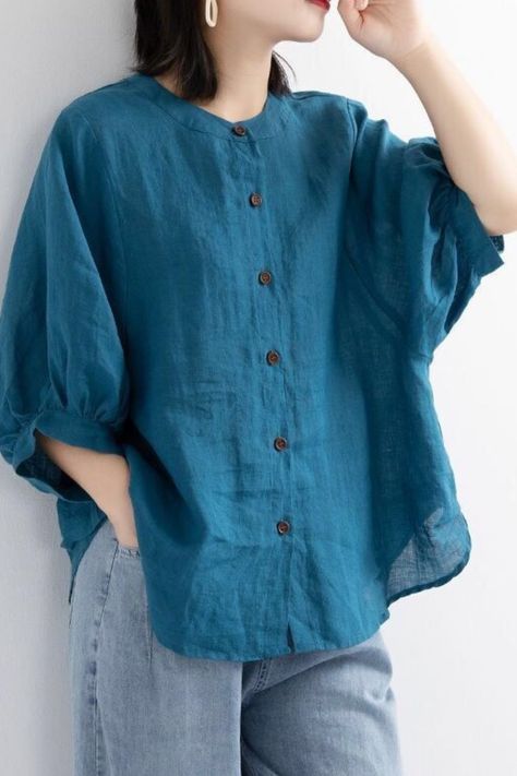 Women Lantern Sleeve Half O-Neck Retro Cotton Linen Shirts Half Sleeve Shirts Women, Linen Shirts Women, Modelos Plus Size, Half Sleeve Shirts, Loose Shirt, Top Shirt Women, Loose Shirts, Linen Blouse, Plus Size Shirts