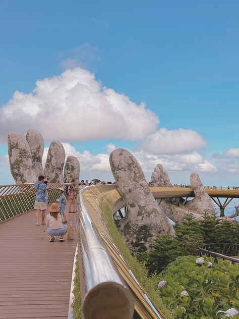 The Golden Bridge at Bà Nà Hills is a must visit when coming to Vietnam! #travel #vietnam #aesthetic Vietnam Asethic, Asian Travel Aesthetic, Hanoi Vietnam Aesthetic, Golden Bridge Vietnam, Aesthetic Vietnam, Vietnam Aesthetic, Vietnam Honeymoon, Vietnam Culture, Vietnam Holiday