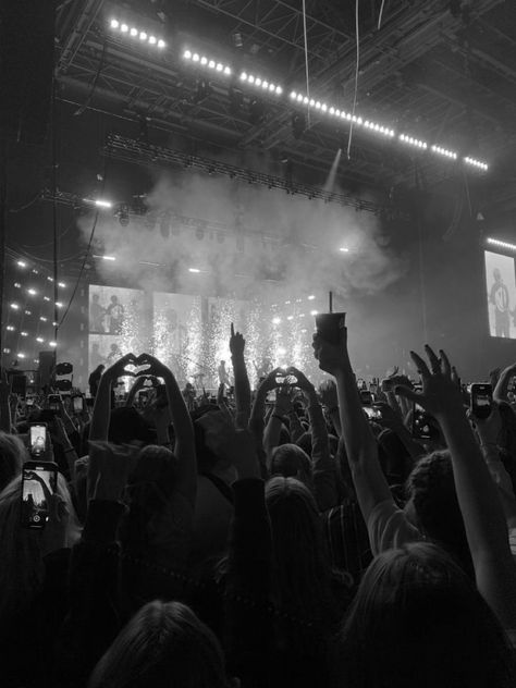 black and white photo of the crowd throwing their hands up in enjoyment looking at the festival stage of their favourite musical artist Blurry Concert Aesthetic, Dark Concert Aesthetic, Party Asthetics Photos, Concert Astethic, Sarah Sprinz, Protagonist Aesthetic, Peter Han, Festival Concert, Concert Aesthetic