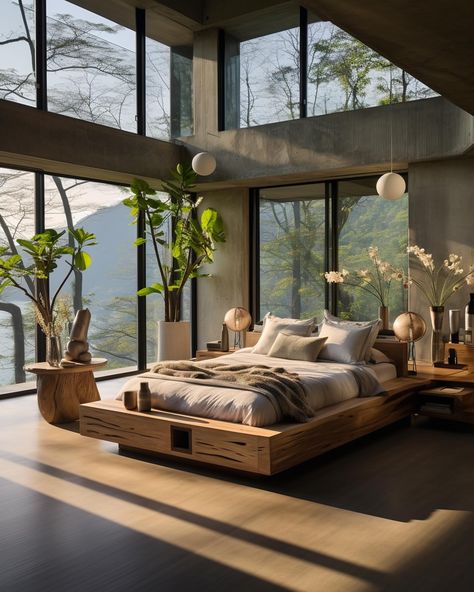 Which Biophilic bedroom aesthetic is your man choosing?🤭✨ We love a home filled with nature and natural materials! We design spaces for clients worldwide, find out more info on our website, link in bio! #interiordesign #interior #biophilia Nature, Room With Forest View, Tree Inside House Interiors, Biophilic Bedroom, Paradise House, Asian Bedroom, City Bedroom, Flat Interior Design, Zen House