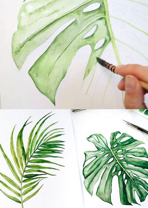 Tropical Leaves Painting, Leaves Painting, Leaf Watercolor, Painting Simple, Paintings Easy, Watercolor Flowers Tutorial, Flower Drawings, Painting Video, Rainbow Watercolor