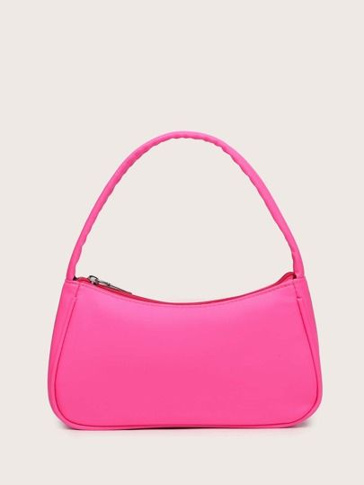 Minimalist Baguette Bag | SHEIN USA Baguette, Aesthetic Shoulder Bag, Hot Pink Purse, Hot Pink Bag, Pink Shoulder Bag, Colorful Handbags, Color Caramelo, Girly Bags, Trendy Handbags