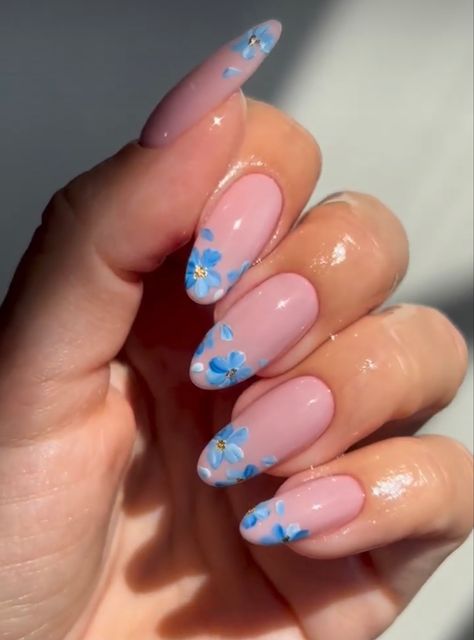 blue, flowers, nails, tips, LCN, acrylic, gel, nude Nails Flower Tips, Blue Flower Tip Nails, Blue Floral Nail Art, Blue Flowers On Nails, Blue Floral Nails Acrylic, Flower Nail Tips, Gel Manicure Flower Designs, Engagement Nails Floral, Floral Oval Nails