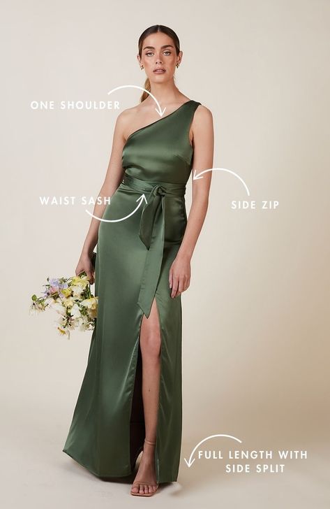 The Porto is a floor length one shoulder bridesmaids dress, made in the most gorgeous olive green satin. Designed in London, mix and match with our Brooklyn and Florence Waterfall styles for the perfect satin bridesmaids look. This dress comes with a sash, there is no need to buy one separately. Order a fabric swatch of the Olive Green satin here. Models Sophie is 5ft 7"/170cm a size 10 and wears a S Renell is 5ft 7" / 170cm a size 16 and wears a L Porto, Satin Bridesmaids, Mismatched Dresses, Dress Outer, One Shoulder Bridesmaid, One Shoulder Bridesmaid Dresses, Bridesmaids Dress, Fabric Swatch, Green Satin