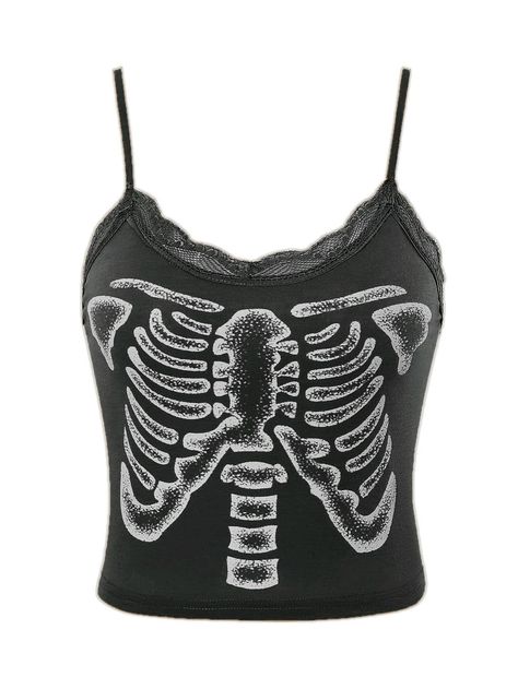 Skull Crop Top, Crop Top Camisole, Plus Size Goth, Lace Trim Cami Top, Skeleton Print, Spaghetti Strap Crop Top, Lace Trim Cami, Sleeveless Tops Summer, Cropped Cami