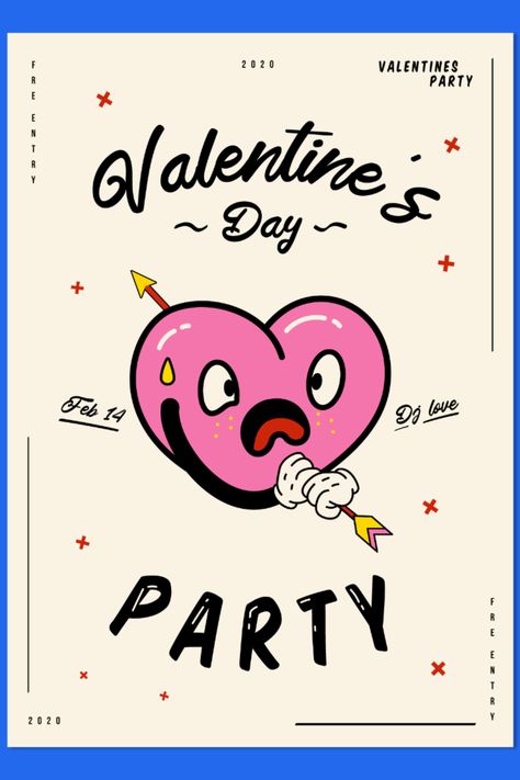 Funny Valentine's day themed party poster featuring a cartoon heart with an arrow trough it. Design a poster for your party, event, or business using our poster template containing editable text and colors for Illustrator. Heart Poster Design, Valentine Poster Design, Pubmats Graphic Design, Valentine's Day Poster Design, Valentines Poster, Party Poster Design, Weird Valentines, Valentine Poster, Valentines Day Poster