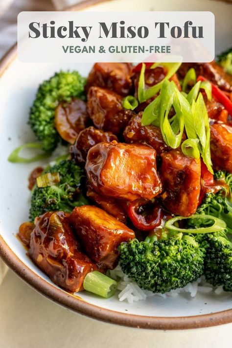 Sweet, savory sticky miso tofu. A budget-friendly, high-protein, umami-rich dish that is easy to put together for a weeknight meal. Essen, Vegetarian Meal Prep High Protein, Protein Entrees, Miso Tofu, Veggie Entrees, Miso Recipe, Healthy Vegan Dinner Recipes, Tofu Vegan, Box Recipes