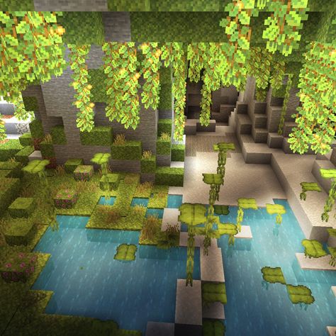 Minecraft Lush Cave Garden, Lush Cave Design Minecraft, Cave Garden Minecraft, Lush Cave Minecraft Aesthetic, Bat Enclosure Minecraft, Lama Enclosure Minecraft, Minecraft Moss Cave, Lush Cave Room Minecraft, Cave Pond Minecraft