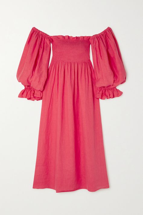 Sleeper - + Net Sustain Atlanta Belted Smocked Linen Maxi Dress - Pink - Best Deals You Need To See Sleeper Dress, Daily Sleeper, Retro Shades, Fur Dress, Linen Midi Dress, Puffed Sleeve, Linen Maxi Dress, My Wardrobe, Pink Maxi Dress