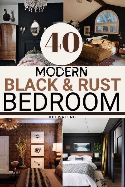 Modern Black & Rust Bedroom Ideas That Are Stunning. Explore design ideas that harmoniously blend the deep, bold elegance of black with the warm, earthy tones of rust. Create a bedroom retreat that exudes sophistication and coziness, all in one captivating space. #BlackAndRustBedroom Black Color Palette Bedroom, All Black Bedroom Aesthetic, Men’s Bedroom Color Scheme, Black And Caramel Bedroom, Black And Camel Bedroom, Black Headboard Bedroom Color Schemes, Rust Bedroom Ideas, Black And Copper Bedroom, Black And Tan Bedroom