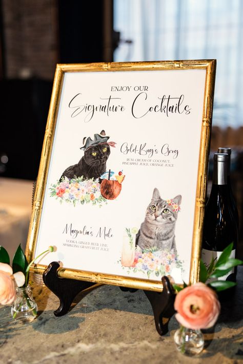 Cat-themed signature cocktail sign for wedding reception at Wildman BT in Chicago Cat Table Numbers, Pet Bar Menu Wedding, Signature Wedding Drinks Cats, Cat Table Numbers Wedding, Wings At Wedding Reception, Cat Signature Drink Sign, Cat Incorporated In Wedding, Pet In Wedding Ideas, Cat Signature Drink Wedding