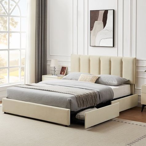 Javlergo Bed Frame with 4 Storage Drawers, Upholstered Platform Bed Frame with Adjustable Headboard - On Sale - Bed Bath & Beyond - 37927573 Full Size Bed Platform, Bed And Bed Frame, Cream Storage Bed, Neutral Color Bed Frame, Modern Upholstered Bed Frame, Bedframe With Drawer, Full Size Platform Bed Frame, Queen Bed Frame With Drawers, Tall Bed Frame With Storage