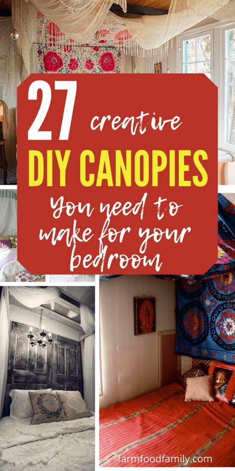 Bed Canopy Ideas Diy, Faux Canopy Bed, No Headboard Bed Ideas, Hanging Bed Diy, Bed Canopy Ideas, Canopy For Bed, Homemade Canopy, Diy Bed Tent, Diy Bed Canopy