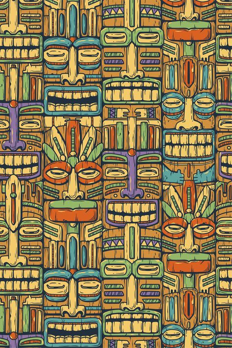 Surfing tiki mask hawaii wooden tiki mask for trendy bar. Traditional ethnic idol and hawaiian surf, maori or polynesian. Design old tribal totem. Seamless pattern #tiki #surfing #mask #pattern #seamless #hawaii #tiki bar #surf #idol #traditional #monstera #tribal #statuette #shaka #tiki mask Tiki Mask Art, Tiki Pattern Design, Maori Wallpaper, Polynesian Wallpaper, Hawaiian Wallpaper Iphone, Tiki Background, Tiki Illustration, Hawaiian Pattern Design, Polynesian Mask