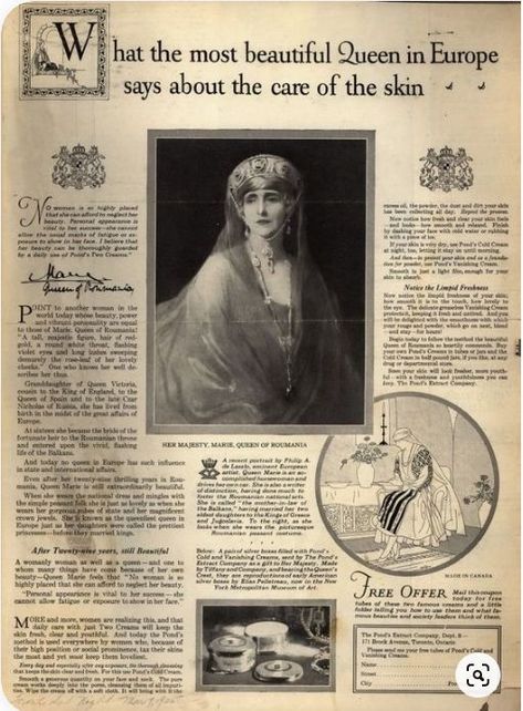 The Philip de Laszlo portrait of Queen Marine in the Vladimir sapphire kokoshnic used to sell Pond's Cold Cream, 1925 Gotha, Philip De Laszlo, Maria Of Romania, Queen Marie Of Romania, Marie Of Romania, Romanian Royal Family, Peles Castle, House Of Romanov, Henna Body Art