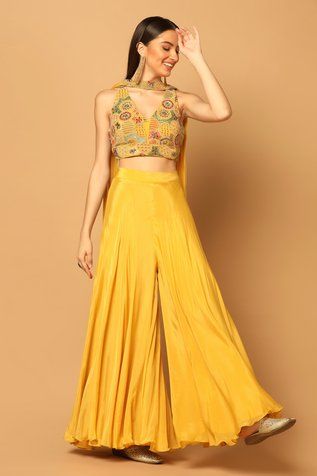 Shop for Two Sisters By Gyans Yellow Crepe Sequin And Dori Embroidered Blouse Palazzo Set for Women Online at Aza Fashions Indian Palazzo Outfits, Mehendi Rasam Outfit, Mehendi Outfit For Sister, Yellow Indian Outfit For Haldi, Mehendi Outfits Sisters, Haldi Ceremony Outfit For Sister, Outfit For Haldi Function, Haldi Outfits For Sister, Halter Blouse Designs