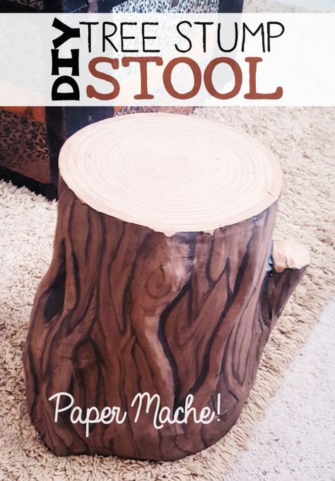 Add some whimsy to your home with this DIY tree stump stool. All you need is a 5 gallon bucket, wood circle, TP tubes, paper mache, foil and paint! Paper Mache Tree, Stump Stool, Diy Paper Mache, Kolam Air, Tree Stump Table, Stump Table, Diy Stool, Beton Design, Diy Tree