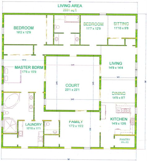 Center Courtyard House Plans | with 2831 square feet this is one of my bigger houses i chose to make ... Courtyard Center Of House, Courtyard In Center Of Home, House With Courtyard In Middle, House Plans With An Atrium, House Plan With Center Courtyard, Square House With Courtyard In Middle, French Quarter Homes Floor Plans, Middle Courtyard House, Houses With Atriums In Middle