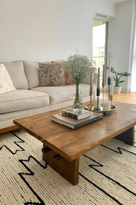 Boho Wooden Coffee Table, Modern Rustic House Design Interiors, Medium Wood Coffee Table, Dark Wood And Cream Living Room, Living Room Inspiration Rental, Oak Wood Coffee Table, Long Coffee Table Styling, Modern Farmhouse Apartment Living Room, Sectional For Small Living Room Layout