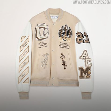 Ac Milan, Off White Varsity Jacket, White Varsity Jacket, Leder Outfits, Embroidery Letters, Leather Sleeves, Leather Sleeve, Football Club, Look Fashion