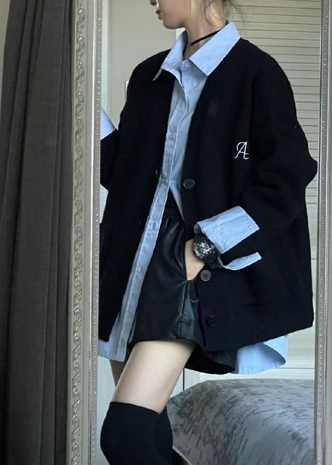 Simple Black V Neck Knit Cardigans And Blue Shirts Two Piece Set Fall Ada Fashion Work Cardigan Outfit, 2024 Womens Fashion, Black Cardigan Outfit Aesthetic, Cardigan Outfit Aesthetic, Rok Mini, Blue Shirts, Everyday Outfit Inspiration, Korean Outfit, Cardigan Outfits