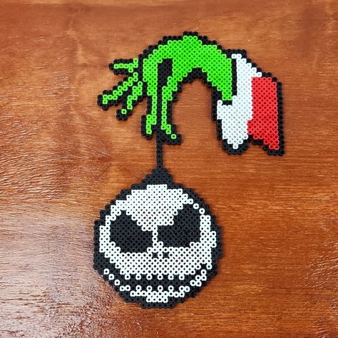 The Grinch & Nbc Jack Skellington Christmas Perler Bead Pixel Art Collectible Measures Approx. 10.5" High 7" Wide Handmade Perler Art Designed Entirely Out Of Perler Beads This Is A Unique Handmade Item These Make Great Gifts, Collectibles, Wall Art Etc. Check Out Our Other Items To Make Bundles. If You Like Any Items, I Will Send An Offer To You, Including The Seller Discount Of 10% Off 2 Or More Items Ships Same Or Next Day! Thank You! Thank You! Jack Skellington Perler Bead Pattern, Perler Beads Friends Tv Show, Perler Bead Grinch, Perler Beads Grinch, The Grinch Perler Beads, Fuse Bead Patterns Halloween, Fuse Bead Patterns Minecraft, The Grinch Pixel Art, Dinosaur Perler Bead Pattern Small