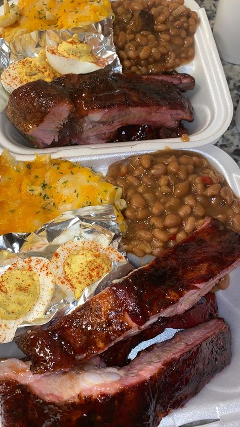 Bbq Ribs Plate Ideas, Ribs Mac And Cheese Baked Beans, Soul Food Truck, Soul Food Dishes, Bbq Soul Food Plates, Summer Soul Food Recipes, To Go Plates Food Ideas, How To Make Baked Beans, Christmas Soul Food