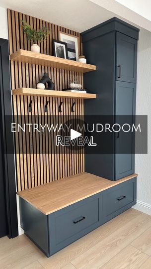 699K views · 19K reactions | ✨ ENTRYWAY MUDROOM REVEAL ✨

This space is officially done and I couldn’t be happier with how this custom build turned out! 🤩 I’m obsessed with the warm white oak contrasting with the rich dark blue/charcoal paint. It’s just too good! 

Every element of this entryway build is not just beautiful, but SO functional. From the deep white oak bench for sitting and putting shoes on, to the deep and shallow drawers for ALL the shoe storage, to the tall coat cabinet, to the additional storage cabinet above, to the floating shelves that can have extra baskets on, to the hooks for hanging bags, purses, and hats… I’d say it’s got it all 🙌🏻

Let me know what you think of this new addition to their entryway! 💙🤎🖤
.
.
.
.
.
#entrywaydesign #entrywayinspo #entrywayideas Coat And Shoe Storage Entryway Corner, Entryway Cabinets Ideas, Entryway Cabinet And Bench, Mudroom Colour Ideas, Mudroom Shelf Ideas, Shoe Cabinet Drawer, Build Storage Bench, Small Entryway Ideas With Shoe Storage, Mudroom Shoe Storage Bench