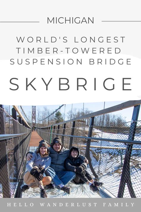 If you are looking for a unique and thrilling adventure in Michigan, then look no further than SkyBridge Michigan! Located at Boyne Mountain in Northern Michigan, SkyBridge is the longest timber towered suspension bridge in the world and spans an incredible 800 feet across a deep valley. With an awe-inspiring view of the mountain,and forests. SkyBridge is one of the best things to do in Michigan. Skybridge Michigan, Winter Vacation Packing, Boyne Mountain Resort, Boyne Mountain, Things To Do In Michigan, Affordable Family Vacations, Michigan Adventures, Mackinaw City, Best Weekend Getaways