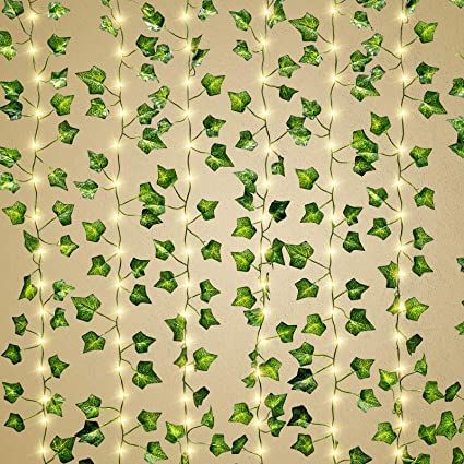 Fake Leaves With Fairy Lights, Fake Ivy Vines Bedroom, Fairy Lights Amazon, Fake Leaf Vines In Bedroom, Fake Ivy And Fairy Lights, Leave Lights On Wall, Fake Leaf Wall Decor With Lights, Fake Leafs On Wall Bedroom Ideas, Vines And Lights In Bedroom