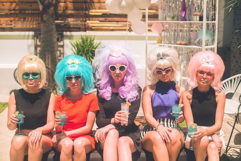 An Out-of-This-World, 60s Mod Themed Party | Party at the Moontower Event Rentals Wig Party Birthday, Costume Bachelorette Party, Bachlorette Party Wigs, Bachelorette Wigs Party, Hairspray Themed Party, Hairspray Birthday Party Ideas, Mod Theme Party, 60s Theme Bachelorette Party, Wig Birthday Party Theme
